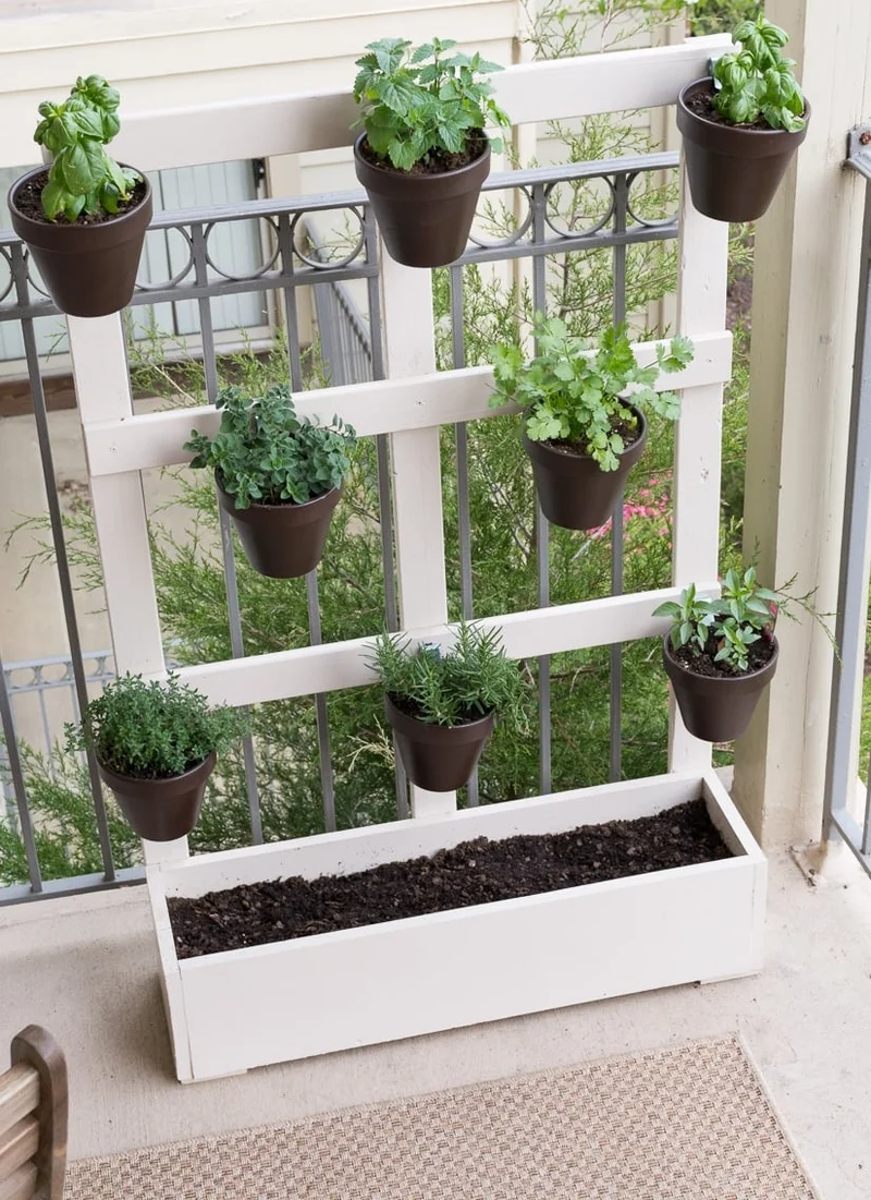 Varanda pequena com jardim vertical e vasos suspensos