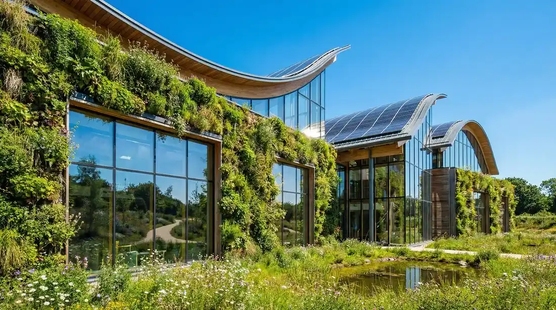 Edifício de arquitetura sustentável com telhado verde, fotovoltaico em curva e fachada vegetada integrada à paisagem natural