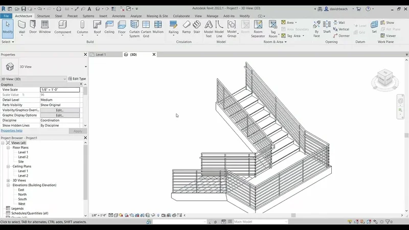 Escada em L modelada no Revit com guarda-corpo de vidro, vista em 3D com ribbon Architecture e Project Browser visiveis
