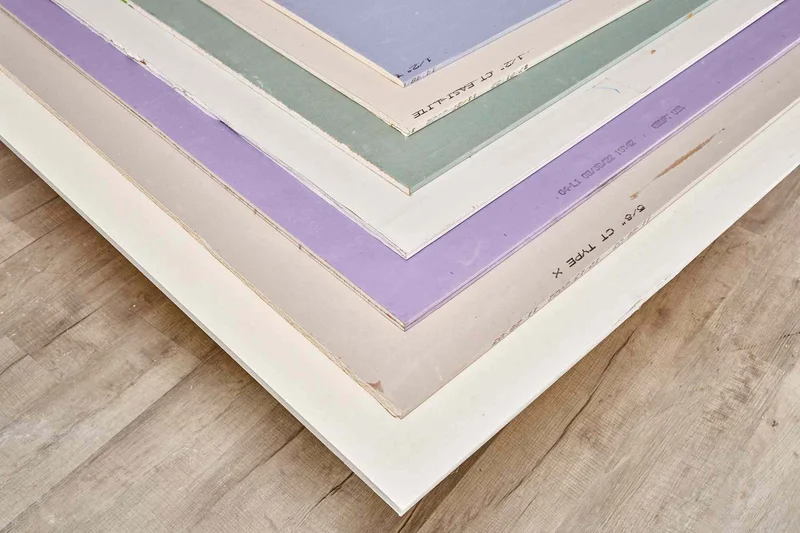 Chapas de drywall ST branca, RU verde e RF rosa empilhadas mostrando cores que identificam cada tipo conforme NBR 14715