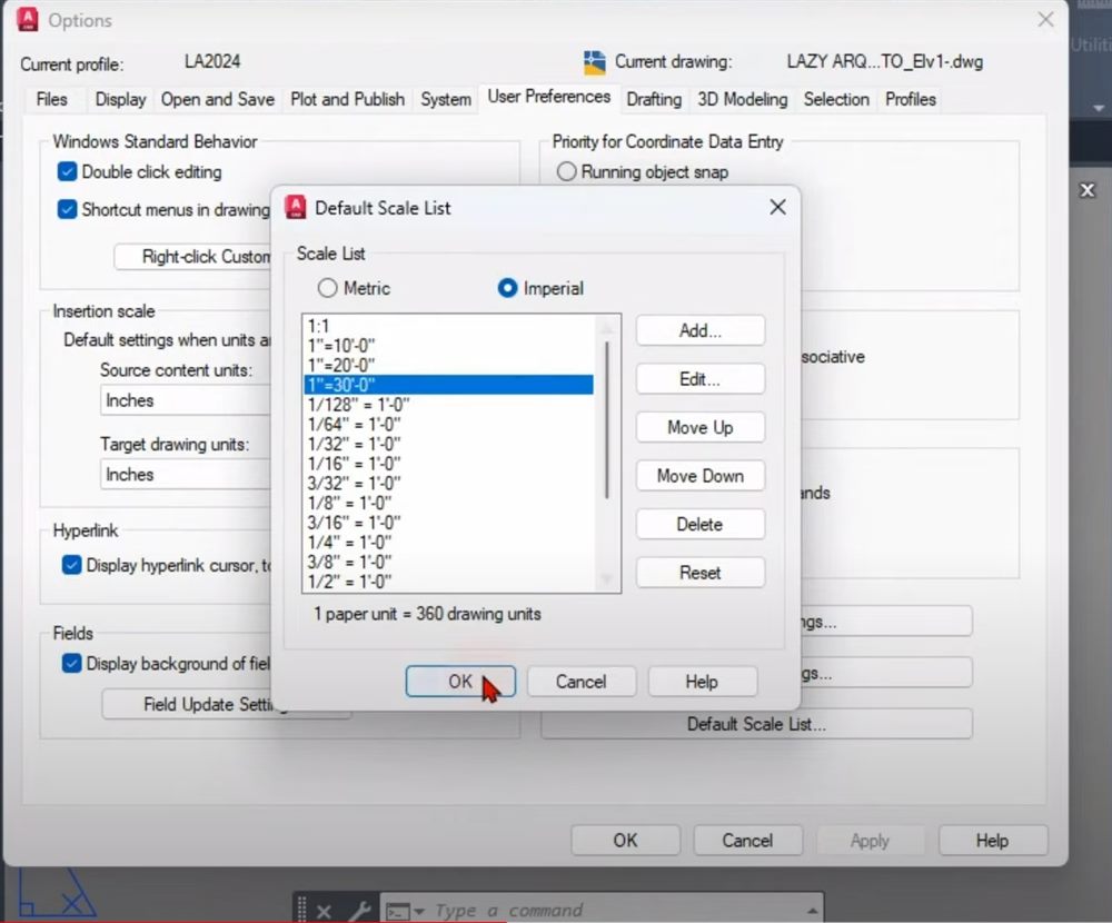 Caixa Default Scale List do AutoCAD com os botões de opção Metric e Imperial, a lista de escalas e os botões Add, Edit e Reset