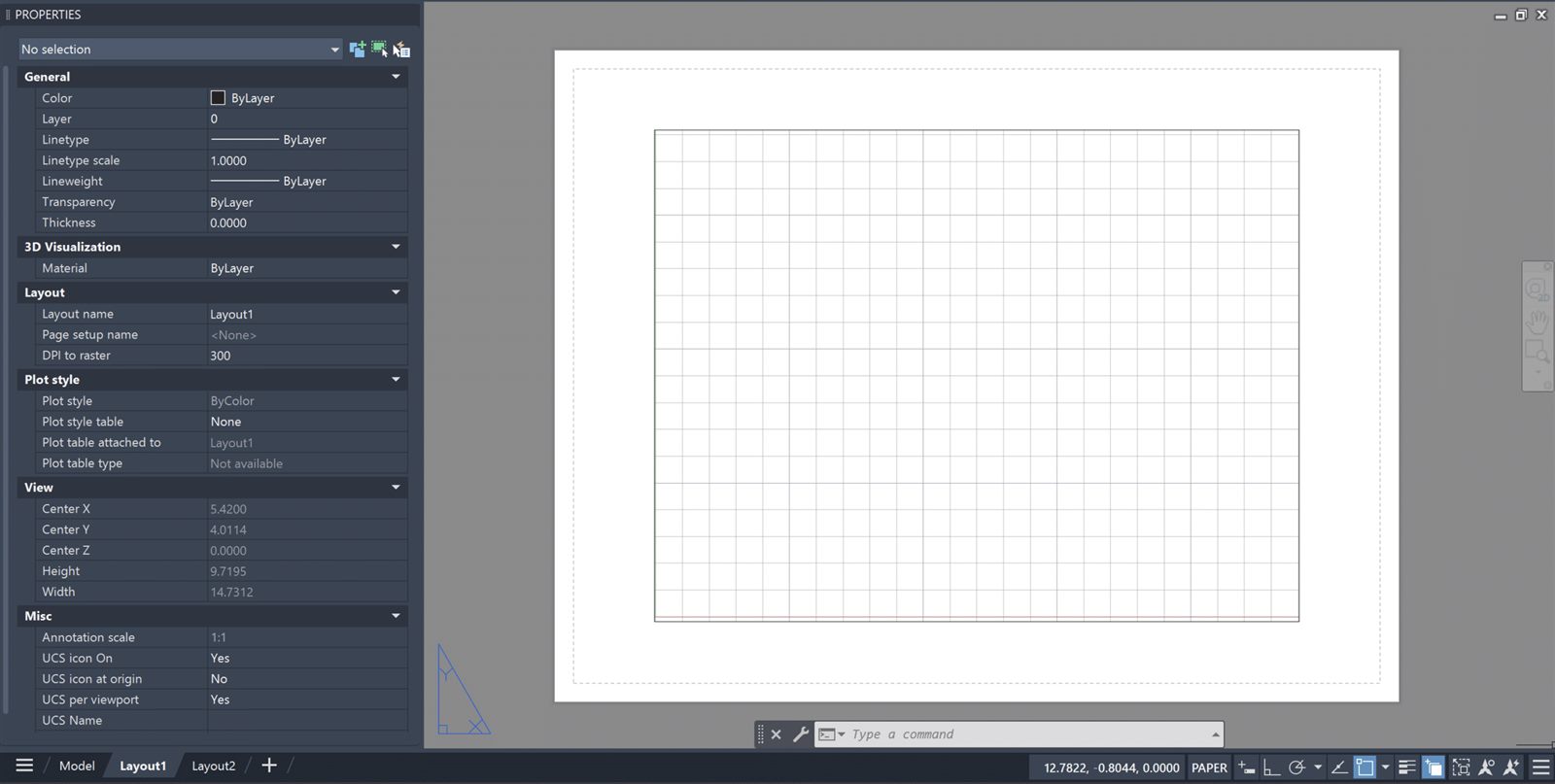 Layout (Paper Space) do AutoCAD com a folha de impressão em branco e a viewport, o painel Properties mostrando Layout1 e escala 1:1, e o indicador PAPER na barra de status