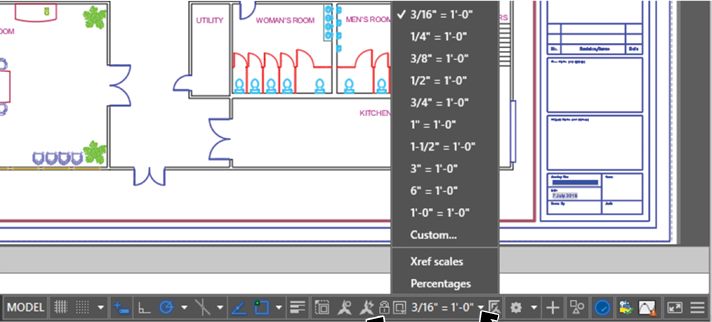 Barra de status do AutoCAD no Layout com o menu de escala da viewport aberto, listando as escalas disponíveis, e o botão de travar a viewport ao lado