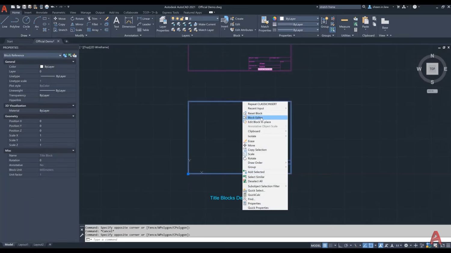 AutoCAD com um Block Reference selecionado (a paleta Properties mostra Name: Title Block) e o menu de clique-direito com Block Editor e Edit Block In-place destacados