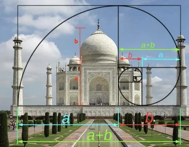 Fachada com retângulo áureo e espiral de Fibonacci sobrepostos, proporção áurea na arquitetura