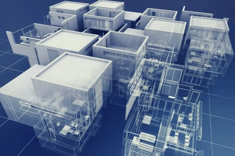 Tela de um software BIM mostrando um modelo 3D de um edifício com janelas de plantas e cortes em diferentes escalas.