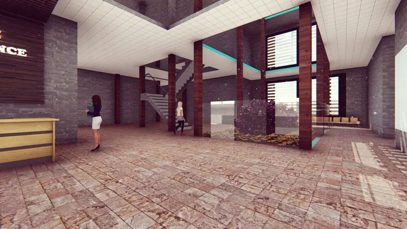 Visualização 3D de lobby arquitetônico renderizado no Lumion mostrando interior com iluminação e materiais realistas