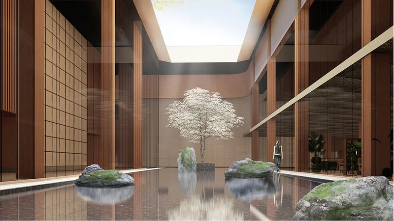 Patio interno com feng shui na arquitetura: agua, cerejeira, madeira e luz natural