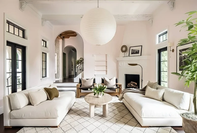 Sala feng shui com paleta neutra, plantas, papel arroz e elementos de madeira