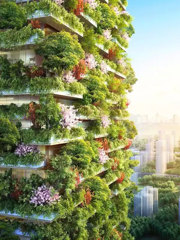 Edificio Bosco Verticale em Milao com arvores e plantas integradas a fachada, estilo de jardim vertical em escala arquitetonica