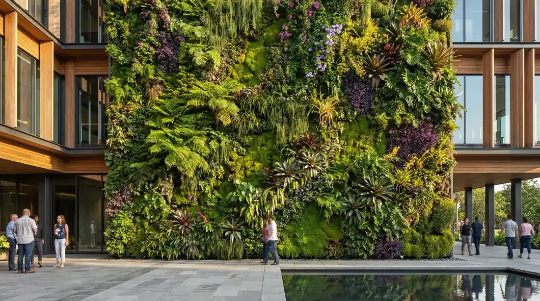 Jardim vertical real em fachada de edificio, estilo Patrick Blanc, com dezenas de especies tropicais