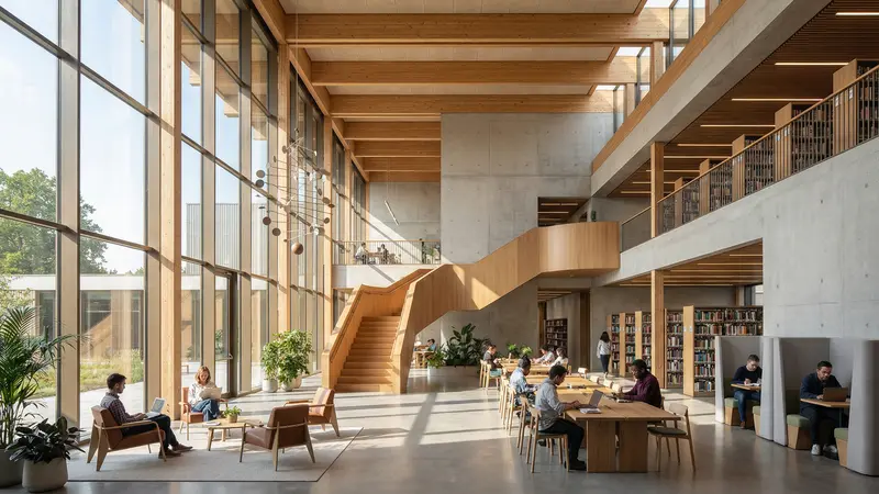 Interior em CLT com estrutura aparente de madeira engenheirada e laje em mass timber, exemplo de construção com materiais sustentáveis