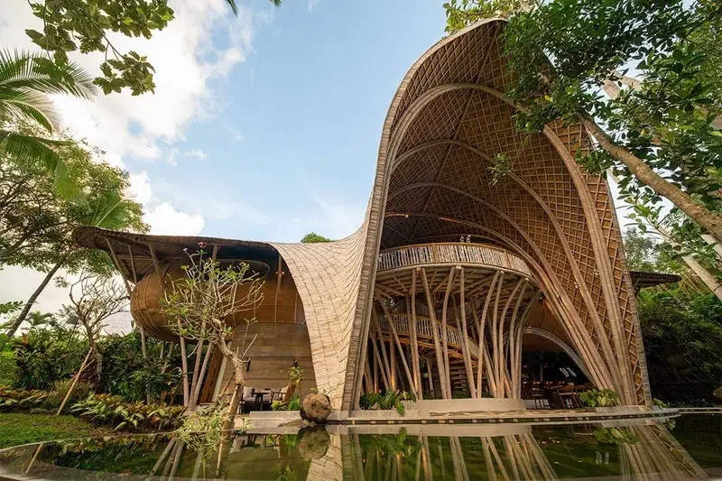 Construção sustentável em bambu laminado com estrutura curva, exemplo de uso real de materiais sustentáveis na construção