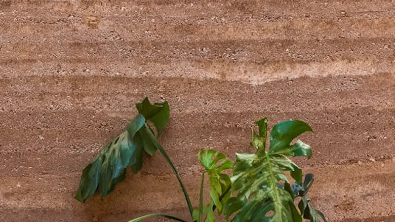 Parede de taipa de pilão com estratificação de camadas de terra compactada — técnica de alta massa térmica amplamente usada na arquitetura sustentável do Nordeste