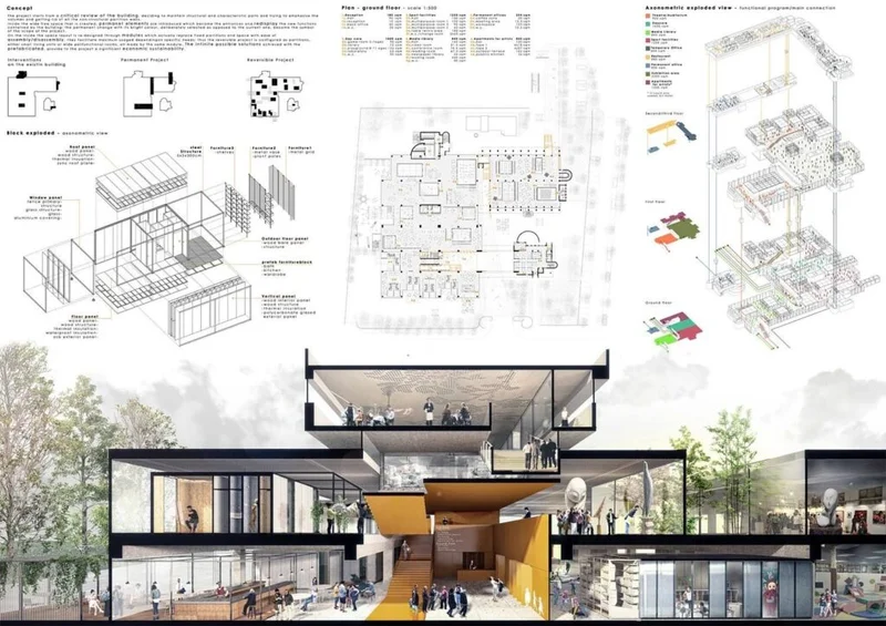 Diagramacao de prancha com planta baixa central, cortes ao lado e cortes axonometricos em escalas multiplas