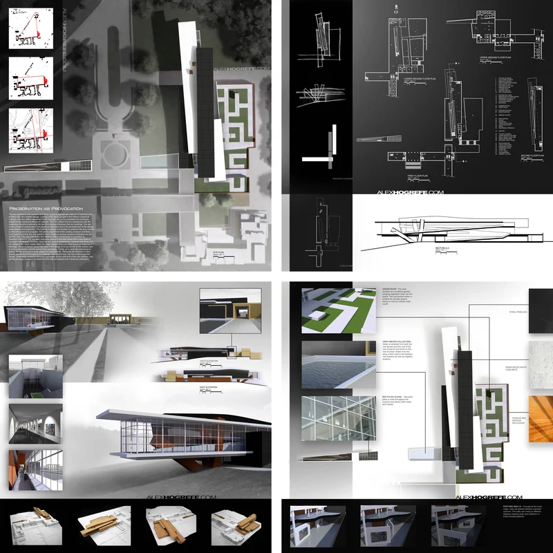 Quatro estilos de diagramacao de prancha exploded view, fachada com cortes, materiais e implantacao com hierarquia visual