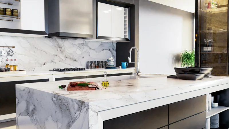 Detalhes de materiais para bancada e revestimento em cozinha