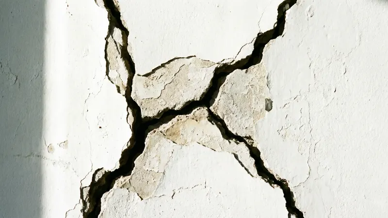 Rachadura em parede de alvenaria com reboco branco — abertura em X característica de recalque diferencial