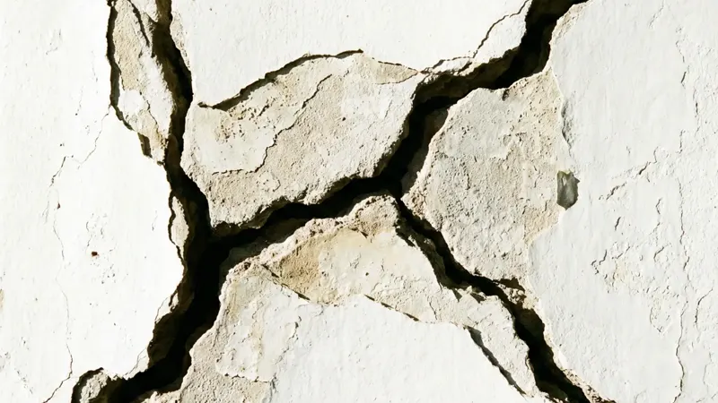 Detalhe ampliado de rachadura em parede com destacamento de reboco — necessita grampeamento e reforço estrutural
