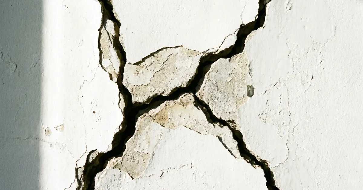 Rachadura diagonal em X numa parede branca de alvenaria — padrão clássico de cisalhamento e recalque diferencial