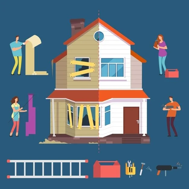 Ilustração de casa dividida ao meio comparando o lado deteriorado antes da reforma com o lado renovado depois, rodeada de ferramentas de obra