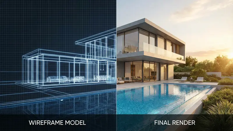 Pipeline de renderização: wireframe do modelo 3D ao lado do render final fotorrealista de residência com piscina