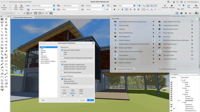 Viewport de motor de render real-time mostrando a cena 3D com luz e materiais ajustados ao vivo, painel de configuração de câmera ao lado