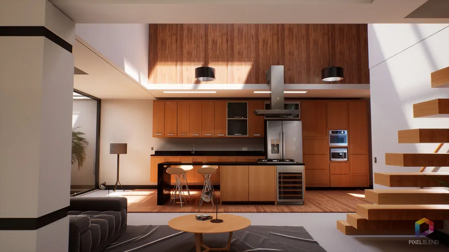 Render interior fotorrealista de sala e cozinha integradas com escada flutuante, painel de madeira e iluminação difusa