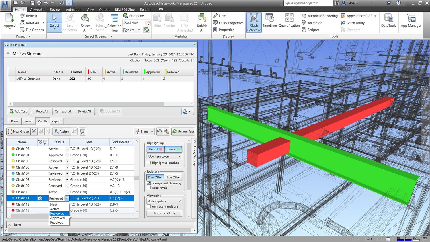 Navisworks Clash Detective com o teste MEP vs Structure acusando 202 conflitos, a lista de clashes por nível e eixo, e no 3D um duto vermelho atravessando uma viga verde