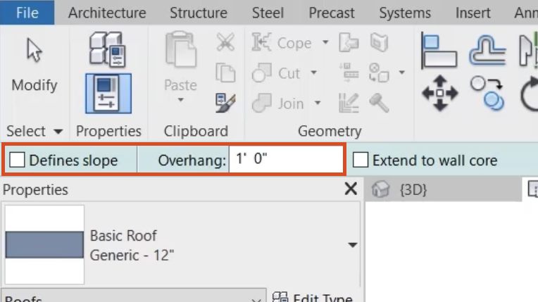 Barra de opções do Revit em destaque com a caixa Defines slope marcada, ao lado dos campos Overhang e Extend to wall core