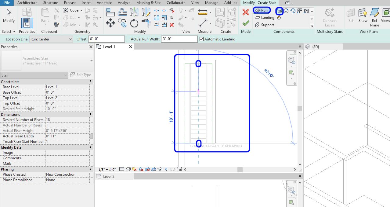 Modo Create Stair do Revit com o painel de propriedades mostrando Desired Number of Risers, Actual Riser Height e Actual Tread Depth