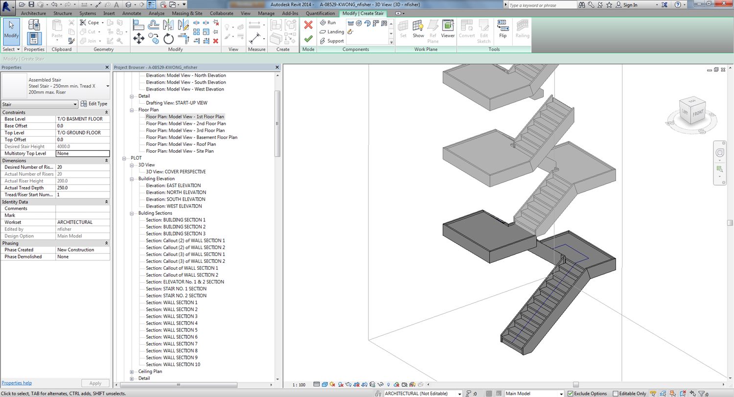 Revit com escada em U de dois lances e patamar em vista 3D, e o painel de propriedades mostrando 20 espelhos de 200 mm e piso de 250 mm