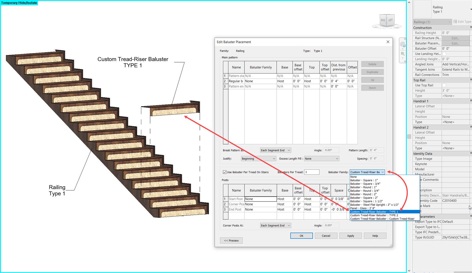Propriedades de guarda-corpo no Revit com altura do corrimão, Handrail 1 e 2 e Top Rail, ao lado da caixa Edit Baluster Placement