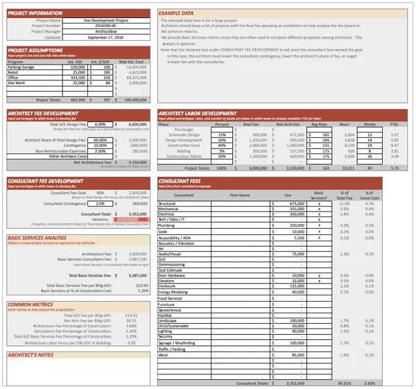 Planilha real de Fee Development de projeto de arquitetura com programa, fases, taxas de consultores e variância de honorários