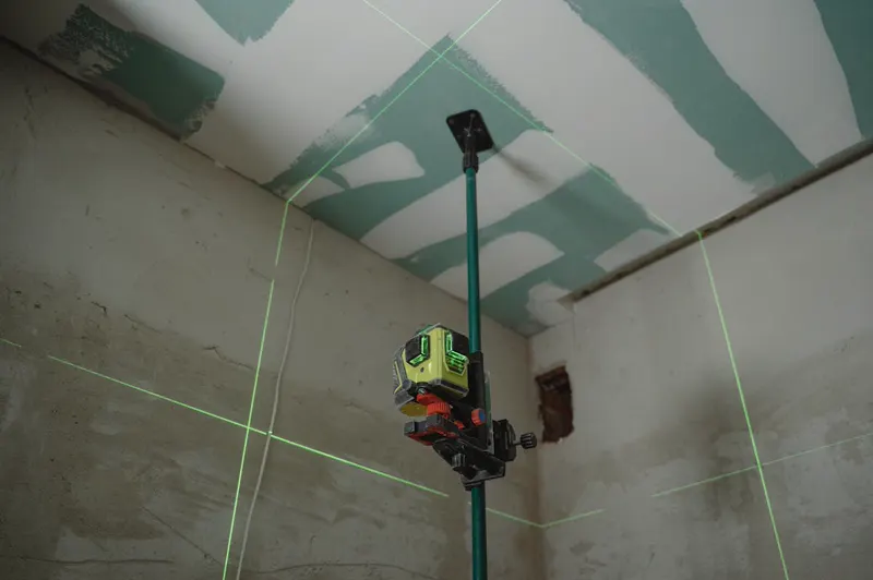 Nível a laser verde em uso em ambiente de obra — instrumento de medição por laser em construção civil