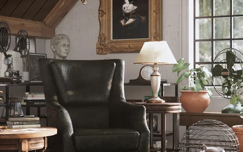 V-Ray render arquitetônico fotorrealista: interior vintage com iluminação artificial — lustre, abajur e luz natural lateral