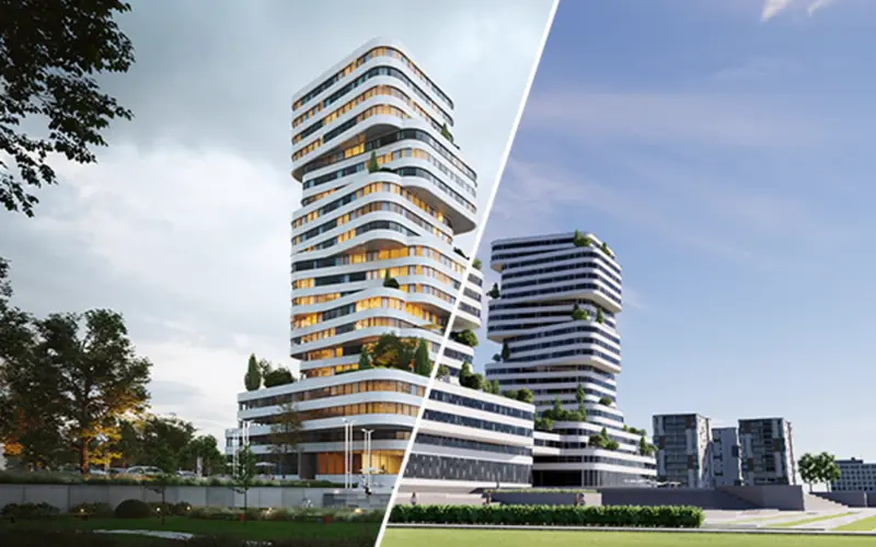 V-Ray qualidade de render: comparação antes e depois do controle de noise em edifício residencial